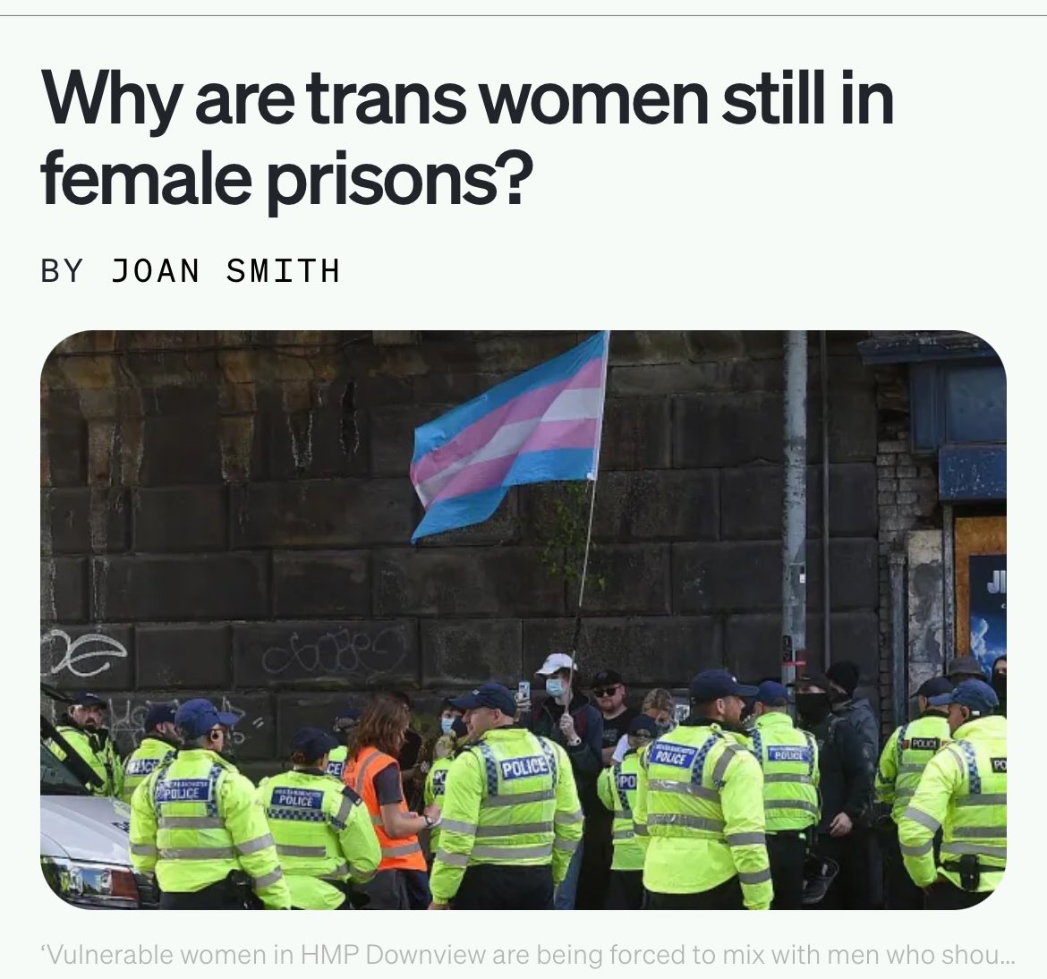 ‘Staff shortages mean there’s insufficient supervision of male inmates when they’re mixing with women at  Downview, according to its monitoring board. Most people will be aghast to learn that that’s what “segregation” means’

<a href="/polblonde/">Joan Smith</a> in <a href="/unherd/">UnHerd</a>