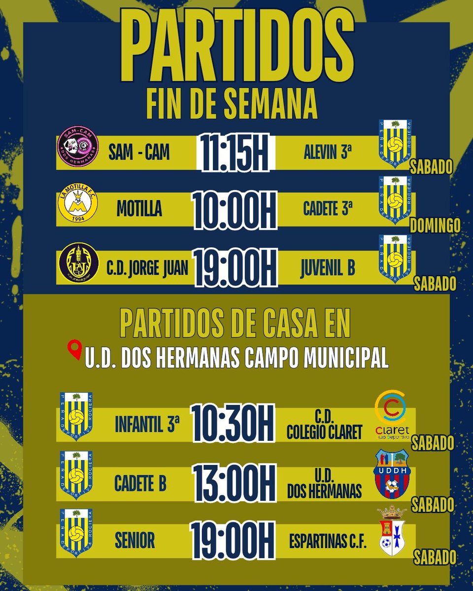 💙💛 𝗛𝗼𝗿𝗮𝗿𝗶𝗼 𝗱𝗲 𝗹𝗼𝘀 𝗽𝗮𝗿𝘁𝗶𝗱𝗼𝘀 𝗱𝗲𝗹 𝗳𝗶𝗻 𝗱𝗲 𝘀𝗲𝗺𝗮𝗻𝗮. 💛💙

📢 IMPORTANTE.
Los partidos que jugamos de locales será en
📍U.D. DOS HERMANAS CAMPO MUNICIPAL📍 

#SomosBarrio
#SomosRociera