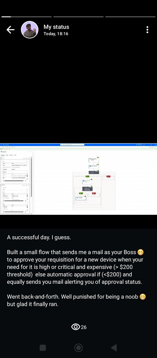 #powerautomate
Built a small flow that sends me a mail as the manager to approve your requisition for a new device when your need for it is high or critical &amp; expensive (&gt; $200 threshold) else automatic approval if (&lt;$200) &amp; equally sends you mail alerting you of approval status