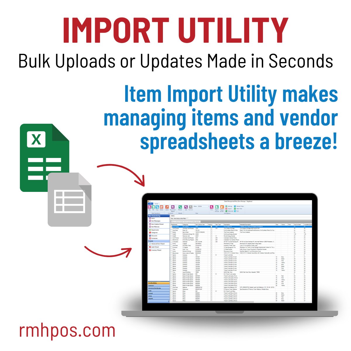 RMHPos's tweet image. Streamline the importing of new products/catalogs with the Item Import Utility feature in RMH Manager.