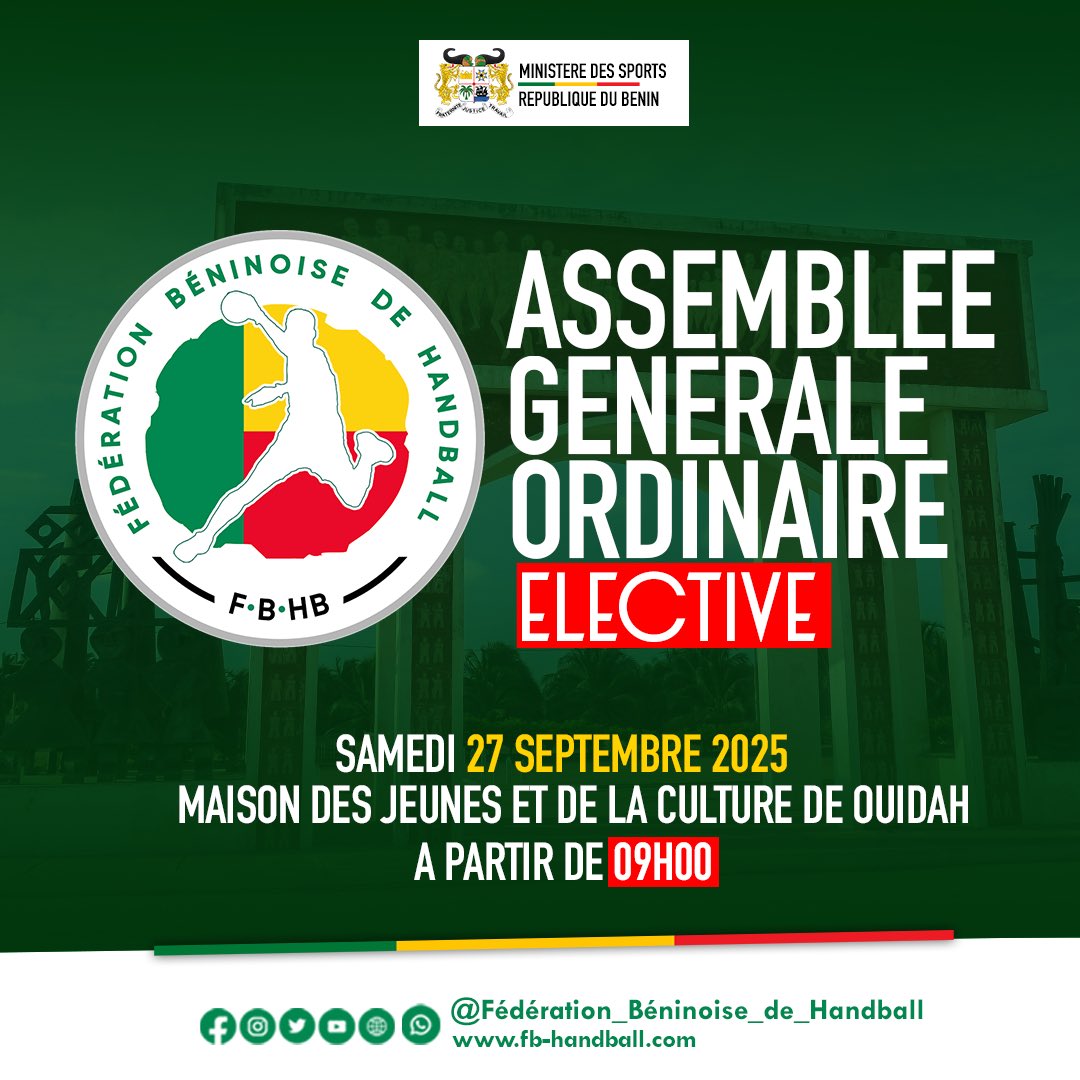 𝗔𝗦𝗦𝗘𝗠𝗕𝗟𝗘́𝗘 𝗚𝗘́𝗡𝗘́𝗥𝗔𝗟𝗘 𝗢𝗥𝗗𝗜𝗡𝗔𝗜𝗥𝗘 𝗘́𝗟𝗘𝗖𝗧𝗜𝗩𝗘 𝗗𝗘 𝗟𝗔 𝗙𝗘́𝗗𝗘́𝗥𝗔𝗧𝗜𝗢𝗡 𝗕𝗘́𝗡𝗜𝗡𝗢𝗜𝗦𝗘 𝗗𝗘 𝗛𝗔𝗡𝗗𝗕𝗔𝗟𝗟 

La grande famille du handball béninois se réunit pour un moment décisif !

#FBHB
#AGOE