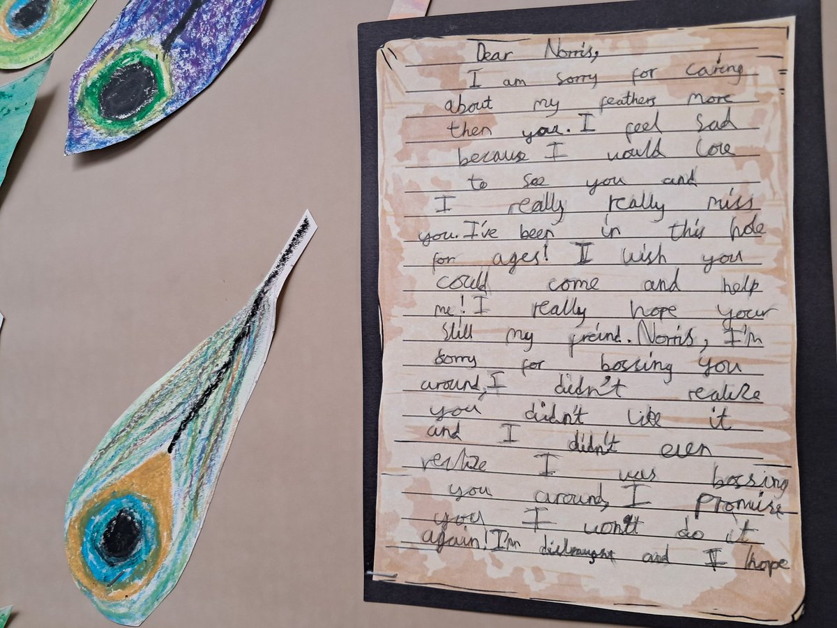 As part of our whole school text, Year 3 thought about how Paul the Peacock treated Norris and what it means to say sorry. They wrote apology letters showing empathy and used powerful sentences with conjunctions to explain his feelings in detail.