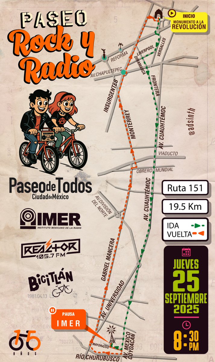 PaseodeTodos's tweet image. Hoy 25 de septiembre te esperamos en el #PaseoRockyRadio, monumento a la Revolución #CDMX la cita es 20:30 hrs, salimos a las 9:00 PM.

Aquí te pasamos la #RutaRockyRadio ;)

Paseo de Todos Ciudad de México @IMERInstituto @Reactor105 y @BicitlanRadio  te invitan!!