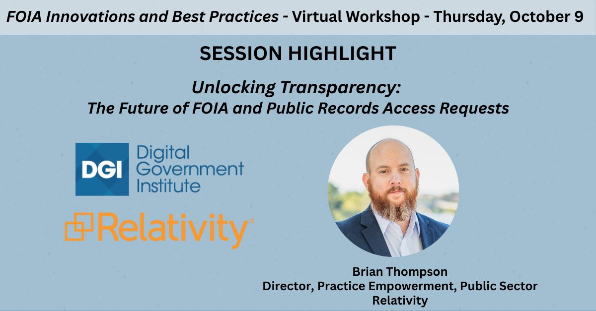 DGI Events (@dgievents) on Twitter photo 🗝️ Did you know? "Unlocking Transparency: The Future of FOIA and Public Records Access" is coming to you next Thursday, Oct. 9! 🎯 Tell us you'll be there: events.zoomgov.com/ev/Au-Lrhe1LJH…
🎙️Featured Speaker and Sponsor: Brian Thompson with <a href="/RelativityHQ/">Relativity</a> !
#Relativity #FOIA 🗝️ Did you know? "Unlocking Transparency: The Future of FOIA and Public Records Access" is coming to you next Thursday, Oct. 9! 🎯 Tell us you'll be there: events.zoomgov.com/ev/Au-Lrhe1LJH…
🎙️Featured Speaker and Sponsor: Brian Thompson with <a href="/RelativityHQ/">Relativity</a> !
#Relativity #FOIA