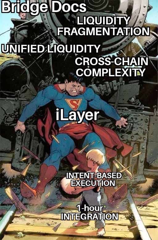 Liquidity fragmentation &amp; crosschain complexity?

Not on our watch.

With iLayer:
1.  Unified Liquidity
2.  Intent-based Execution
3.  1-hour Integration

Community-made meme. We love it. 🧡