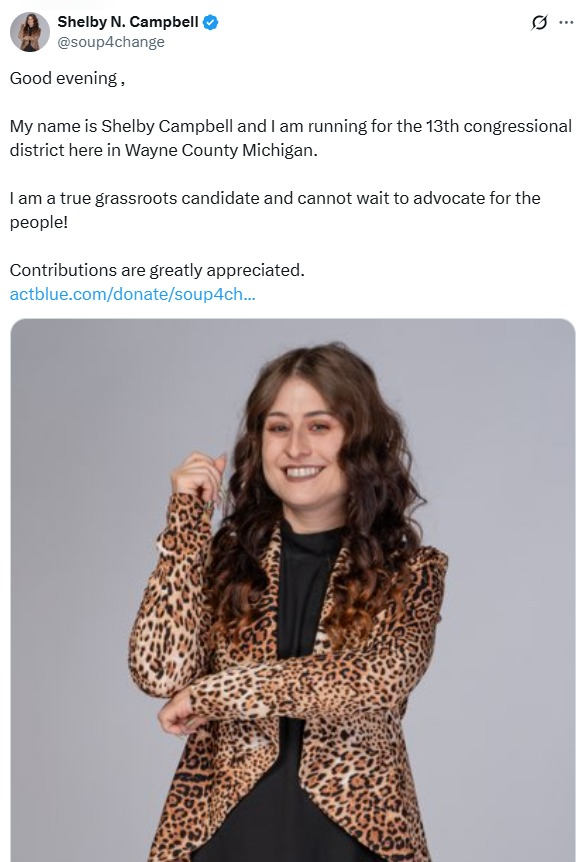 libsoftiktok's tweet photo. HOLY SHIT. Shelby N. Campbell (@soup4change), a Democrat running for Congress in Michigan, posted a video to her TikTok LAUGHING because Charlie Kirk is dead while bragging that Jimmy Kimmel got his show back.

"Hey MAGA, how bad does it hurt that Jimmy Kimmel is back, but you can't get our person back?" *manic laughter*

This person is running for CONGRESS. Absolute EVIL.