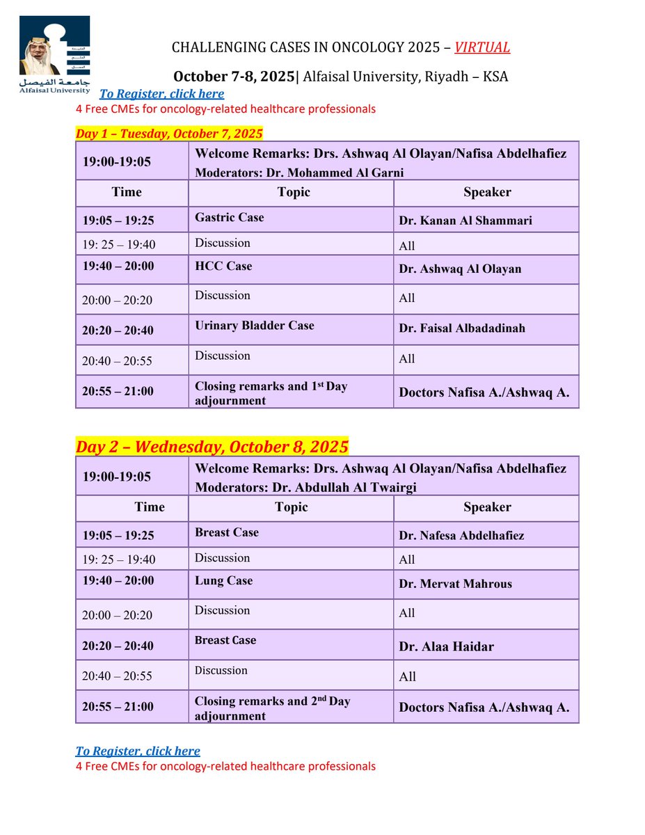 رابط التسجيل
Invitation to Topic

CHALLENGING CASES IN ONCOLOGY 2025 – VIRTUAL

[FREE 4 CMES for oncology related healthcare providers]
ساعات تعليم طبي مستمر  مجانية 
Registration link
#SaudiArabia
#ksa
#Oncology zoom.us/webinar/regist…