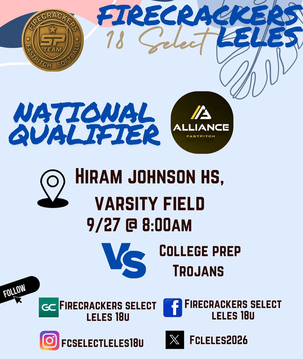 Catch us this weekend at the Alliance Fastpitch National Qualifier! Stay updated here and Instagram all weekend on our game schedule! 
📍 Hiram Johnson High School, Varsity Field
🗓️ Saturday, September 27th
⏰ 8:00am