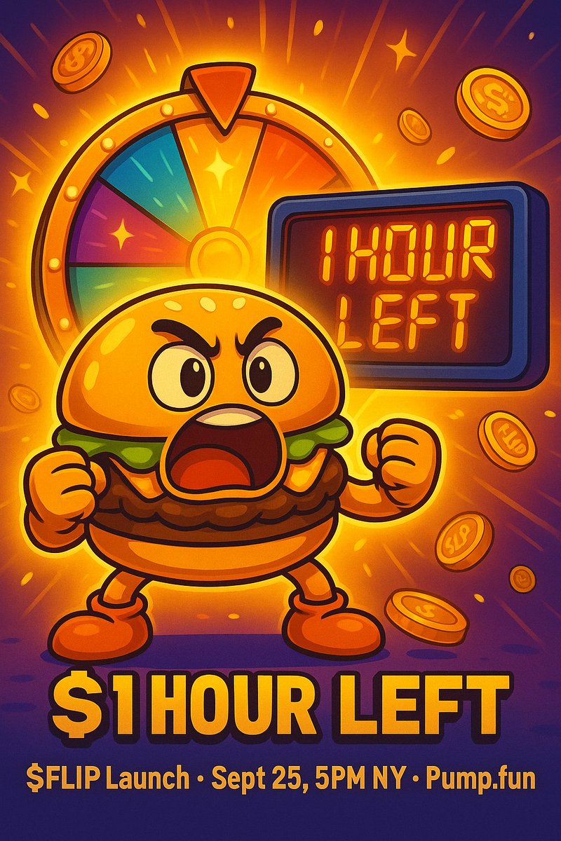 ⏳ The final hour is here!
The wheel is spinning, chaos is calling — and destiny is about to be flipped. 🔥🍔🎡
🚀 $FLIP launches TODAY at 5PM NY on Pump.fun.
👉 Don’t miss your chance to ride the chaos.
#FlipTheWheel #PumpFun #Solana #MemeCoin #CryptoLaunch