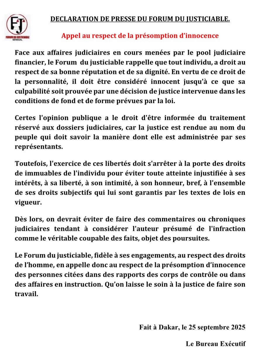 Face aux affaires en cours au niveau du pool judiciaire financier, on devrait éviter de faire des commentaires ou chroniques tendant à considérer l'auteur présumé de l'infraction comme le véritable coupable des faits.