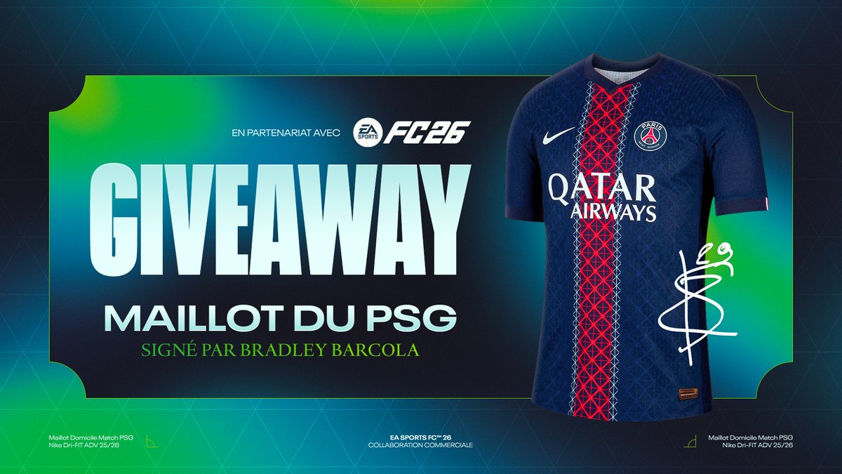 GotagaTV (@gotagatv) on Twitter photo À l’occasion de la sortie de #FC26, <a href="/easportsfcfr/">EA SPORTS FC France</a> vous fait gagner un maillot du PSG signé par Bradley Barcola 🤯⚽
🎁 Pour tenter votre chance, rien de plus simple :
RT & Follow <a href="/GotagaTV/">GotagaTV</a> & <a href="/easportsfcfr/">EA SPORTS FC France</a>
T.A.S. 02/10/25
Collaboration Commerciale À l’occasion de la sortie de #FC26, <a href="/easportsfcfr/">EA SPORTS FC France</a> vous fait gagner un maillot du PSG signé par Bradley Barcola 🤯⚽
🎁 Pour tenter votre chance, rien de plus simple :
RT & Follow <a href="/GotagaTV/">GotagaTV</a> & <a href="/easportsfcfr/">EA SPORTS FC France</a>
T.A.S. 02/10/25
Collaboration Commerciale