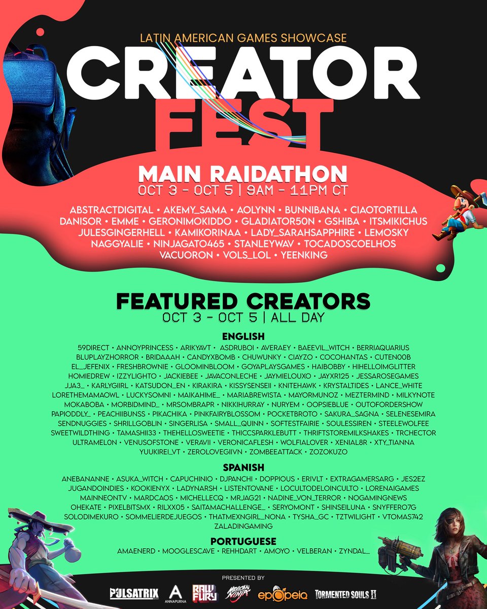 LAGShowcase's tweet image. 🎉 Official creator lineup reveal! 🎉
130+ creators from around the world will be streaming a selection of Latin American games during the first-ever #LAGSCreatorFest on Oct 3–5!
Game selection + official schedule coming soon 👀