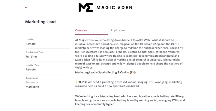 ZhuoxunYin's tweet image. There is a small but GOATED squad within magic eden that has been absolutely locked in on sportsbook+casino. i&apos;m looking to add one more. if you are a marketer who is scrappy, hungry and creative - i wanna hear from you. Big bets and bold ideas only. we are gonna knock some doors…