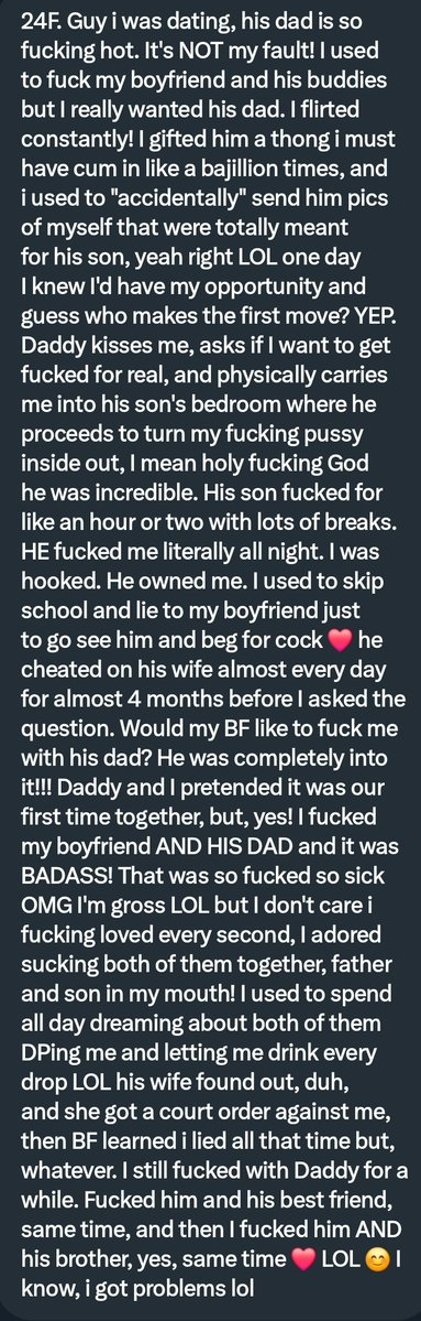 She had an affair with her boyfriends dad and he fucked her way better