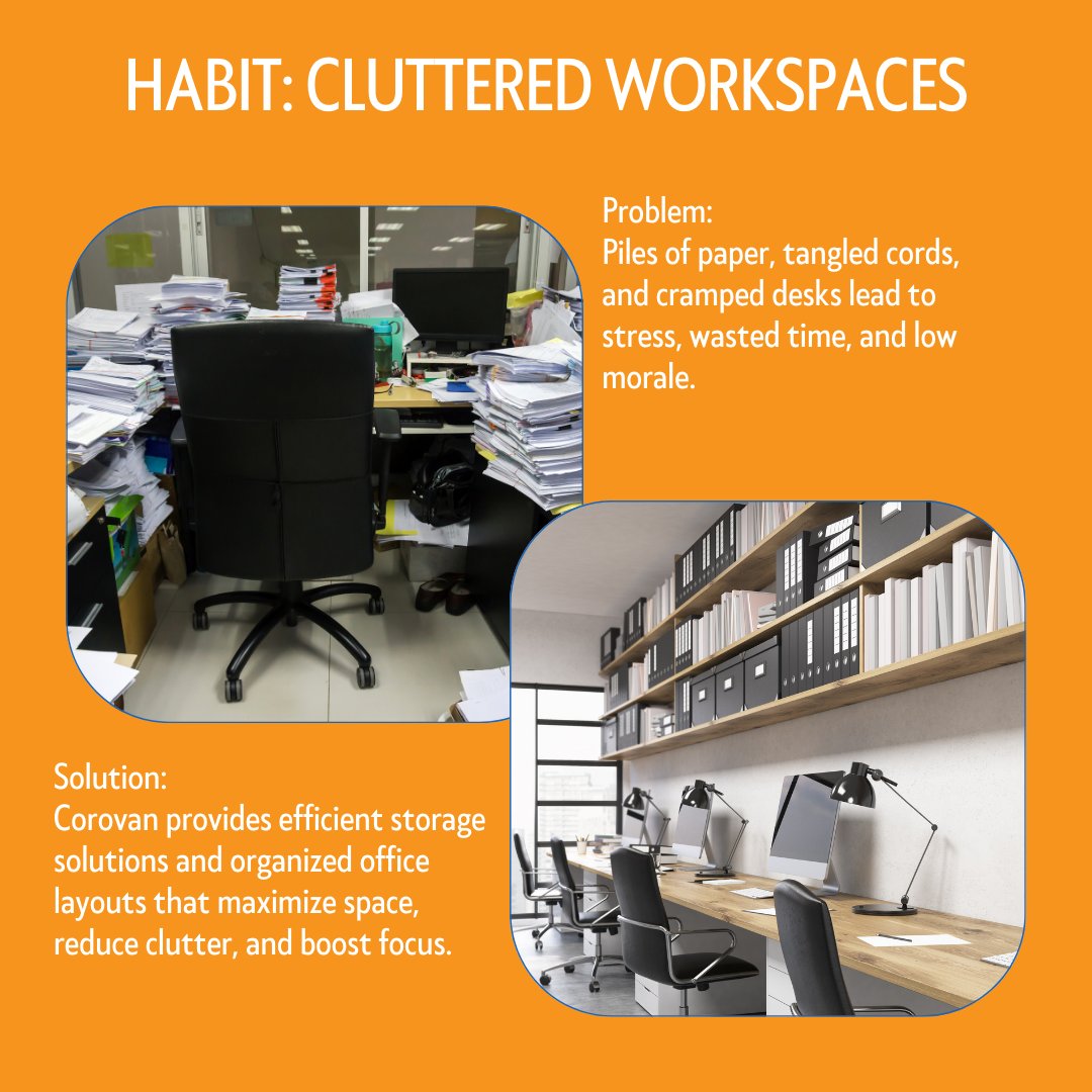 CorovanMoves's tweet image. Bad office habits like eating at your desk, sitting too long, or working in cluttered spaces hurt productivity. With the right office design, Corovan helps create environments that encourage wellness, focus, and collaboration. #WorkspaceSolutions #Corovan