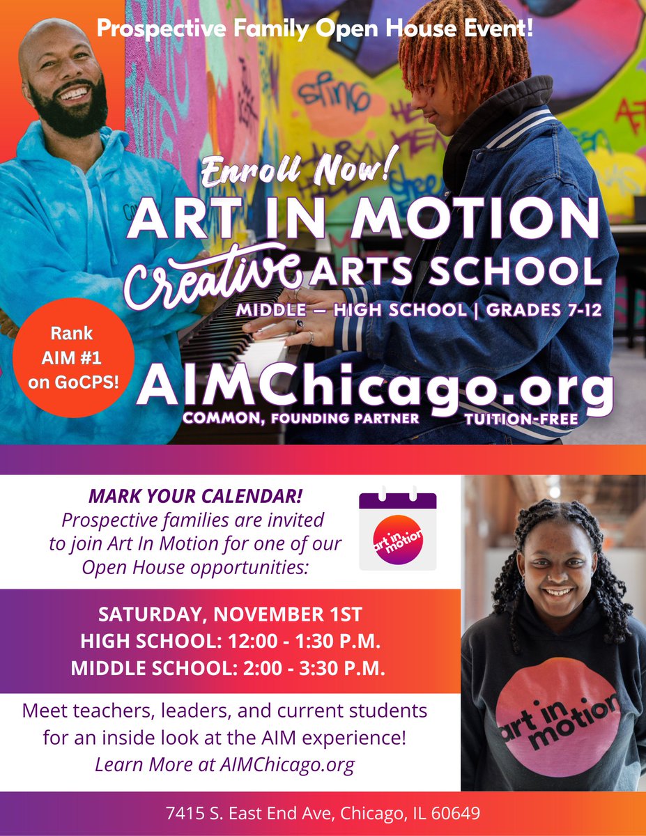 Prospective families and students, mark your calendars for Sat. Nov 1st, for our Open House! This is a great opportunity to tour our campus and learn all about what Art in Motion has to offer. We hope to see you there!