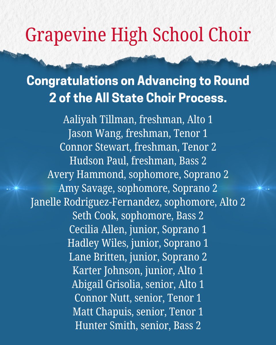 Congratulations to our <a href="/Grapevine_HS/">Grapevine High School</a> Choir students who advanced to the 2nd round of the TMEA All State Process! <a href="/GCISD/">Grapevine-Colleyville ISD</a>