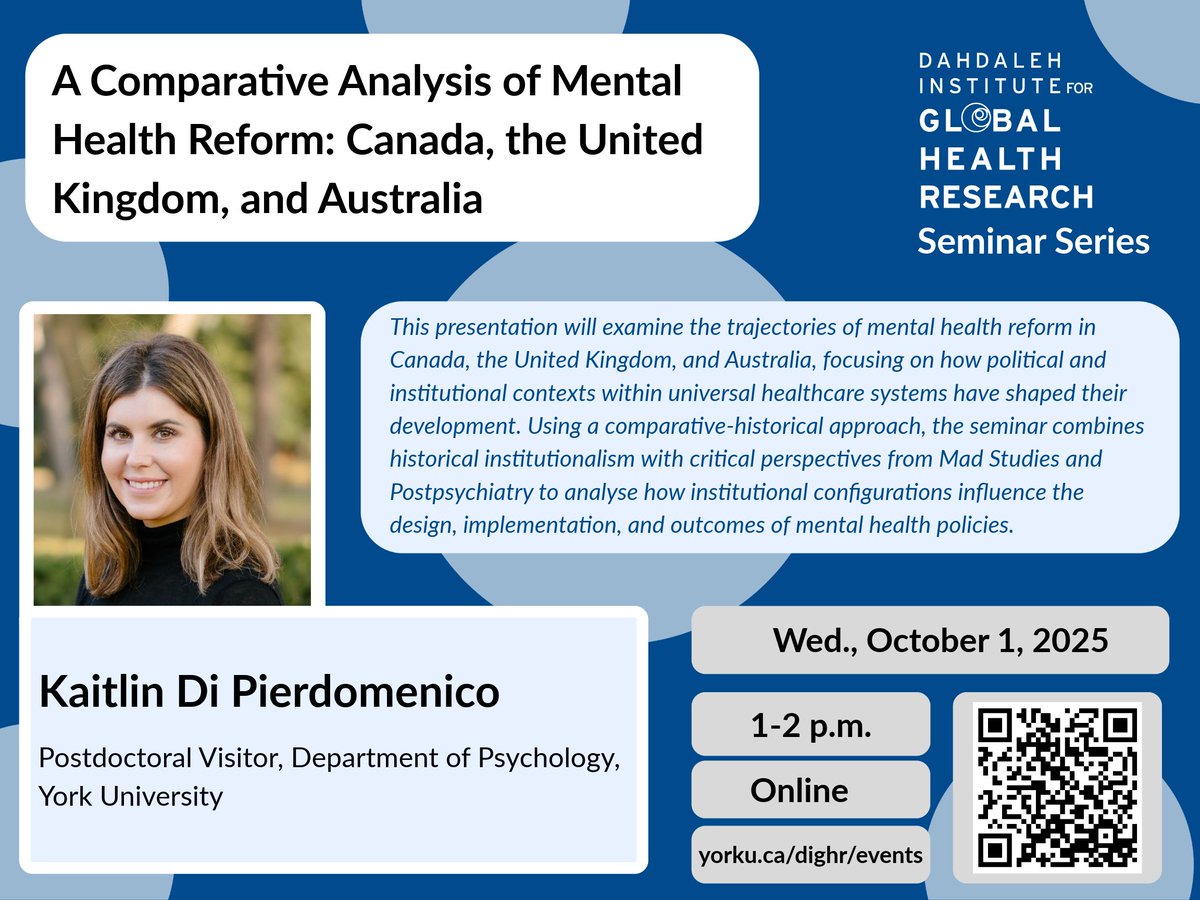 DIGHR_YorkU's tweet image. Join us on Wednesday, October 1 for A Comparative Analysis of Mental Health Reform: Canada, the United Kingdom, and Australia, with Kaitlin Di Pierdomenico. Learn more and register for the event here: buff.ly/cSLbANO