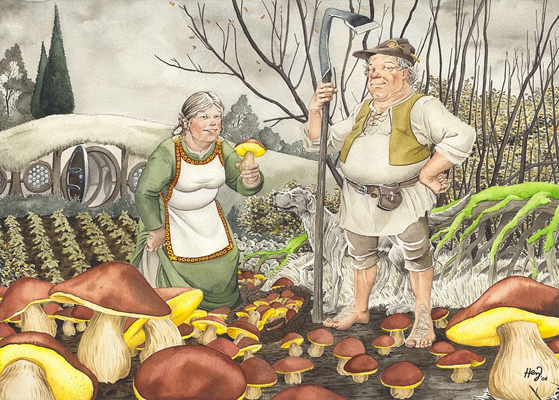 On 25 September, T.A. 3018 in J.R.R. Tolkien's works: the Hobbits - after leaving the Elves - make their way through the Shire, hunted by Nazgûl. They thankfully encounter Farmer Maggot who helps them get to Buckleberry Ferry.

Image: "Harvesting Maggots" by Henning Janssen