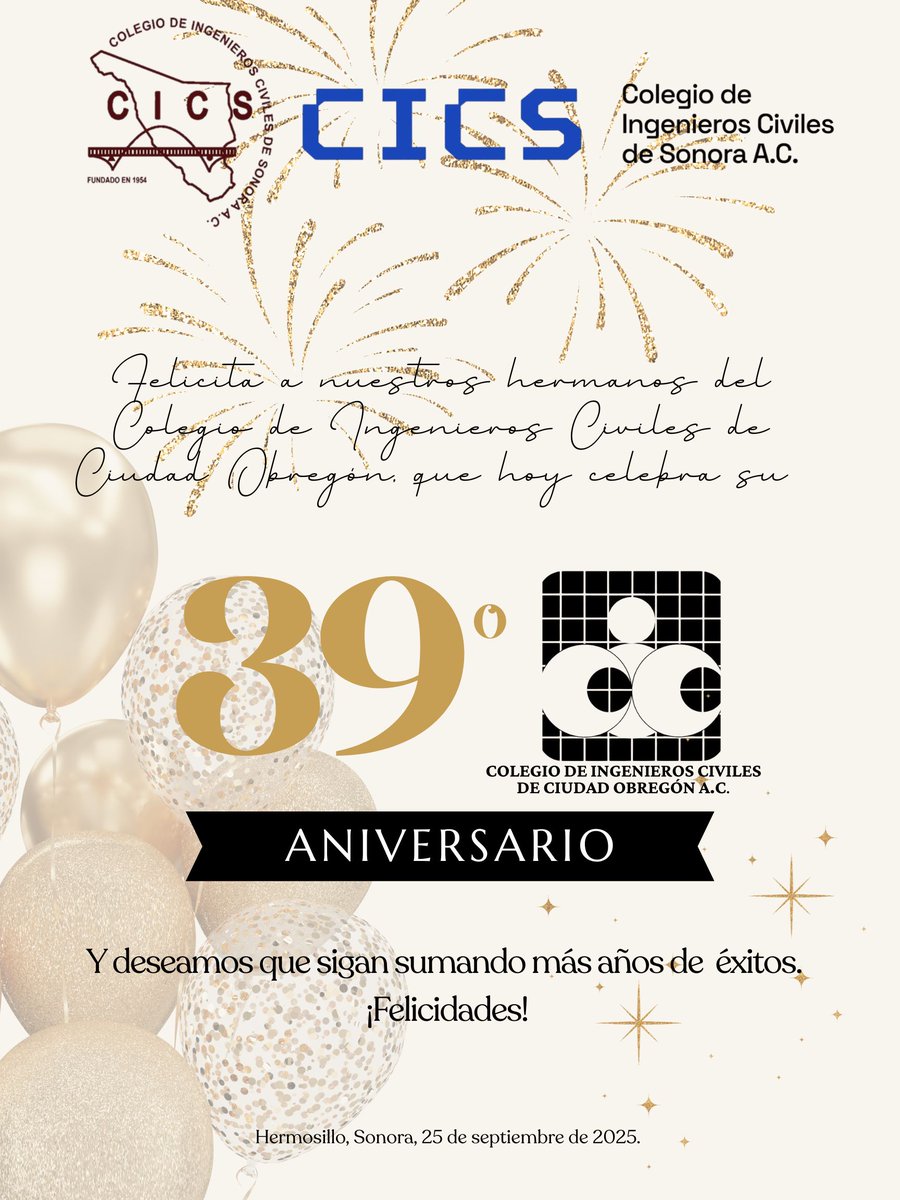 Hoy nos unimos a la celebración del 39o Aniversario de Colegio de Ingenieros Civiles de Ciudad Obregón, A.C., y les deseamos muchos más años de éxito.
