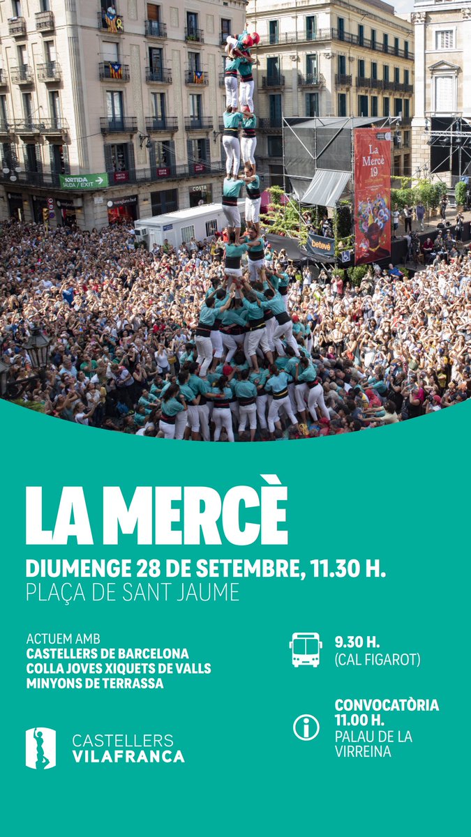 ‼️La diada de la Mercè és aquest cap de setmana!

🟢El pròxim diumenge 28 de setembre actuem a la plaça de Sant Jaume en el marc de la Diada de la Mercè!

👉🏼Compartirem plaça amb <a href="/JovesValls/">Colla Joves Xiquets de Valls</a>, <a href="/Minyons/">Minyons de Terrassa</a> i <a href="/CdBCN/">Castellers de Barcelona</a>!

🕑L’actuació és a les 11:30 h, i els busos sortiran a les 9:30 h de
