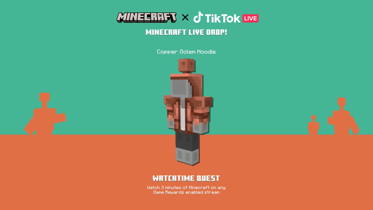 Minecraft's tweet photo. Copper Golem Hoodie? Yes please! Here’s how to get your Copper Hoodie on TikTok:

🟤 Starting Sept 27th, tune in to your favorite Minecraft streamer with Game Reward enabled for 3 minutes 
🟤 Click the Game Reward icon at the top left to claim the reward- available until Oct 21, 2025 
🟤 Go to https://t.co/tGsejBcZ9h and enter the code to unlock the Copper Hoodie