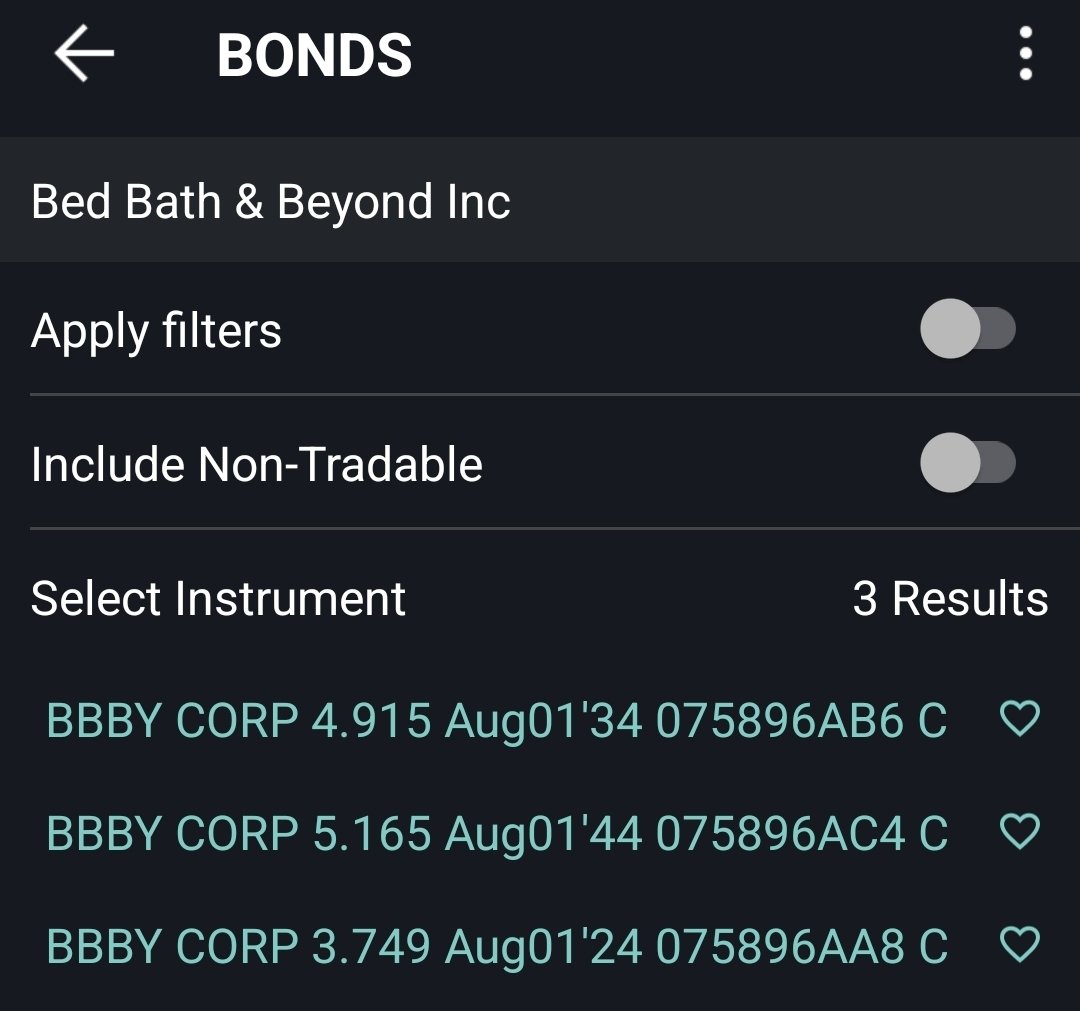 Salvatore Linteum (@phantomblack699) on Twitter photo Hey <a href="/marcuslemonis/">Marcus Lemonis</a> I'm a $BBBY holder and when I login to Interactive Brokers to search my investment, the former bankrupt estates bonds keep appearing, with the same corporate name you own and the ticker.
How can this confusion be stopped? Hey <a href="/marcuslemonis/">Marcus Lemonis</a> I'm a $BBBY holder and when I login to Interactive Brokers to search my investment, the former bankrupt estates bonds keep appearing, with the same corporate name you own and the ticker.
How can this confusion be stopped?
