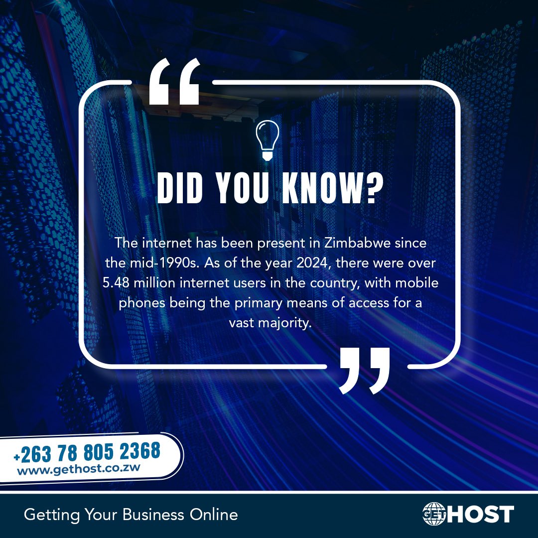 gethost_zw's tweet photo. 💡 Did You Know?
Zimbabwe had 5.48M internet users in 2024, with most connecting via mobile 📱🌍
#Zimbabwe #Internet #GetHost https://t.co/56C4MWsLeE