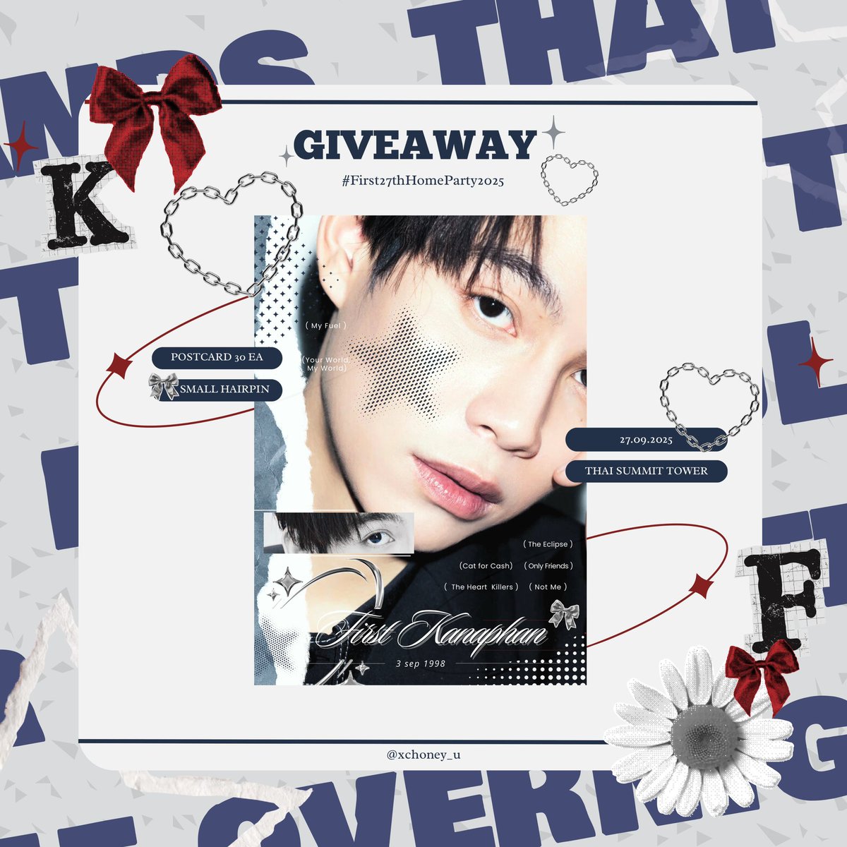 Giveaway 🐈‍⬛ #First27thHomeParty2025

♡︎ Postcard 30 ea

💐 Date : 27/09 — time : tba
🤍 thai summit tower

รอบนี้ตั้งใจทำเองเลย ไว้มารับได้นะคะ 🍰
#First27thGiveaway 
#Firstkanaphan #กองทัพของเฟิร์ส