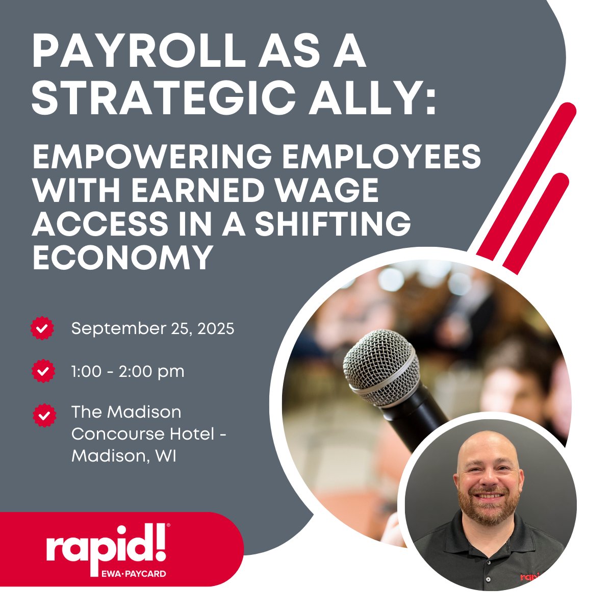 rapidPayCard's tweet image. What if #payroll could be the key to unlocking employee retention, financial wellness, and business growth? Join Bryan Thomas at the @sw_wipay on September 25th and discover how #EarnedWageAccess and other emerging #PayrollSolutions are transforming the way organizations think…