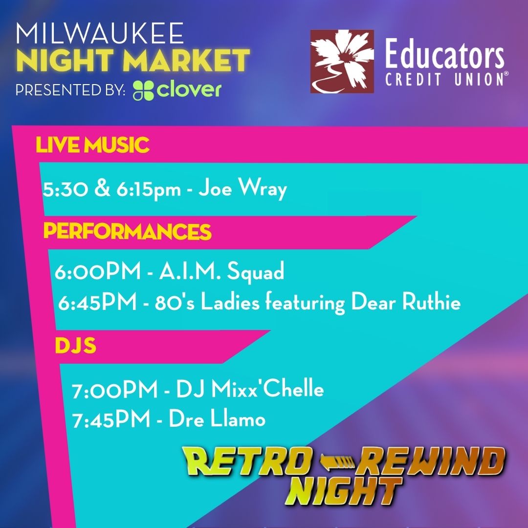 mkenightmarket's tweet image. The Retro Rewind redo is less than one week away! This line-up is prepared to send the 2025 @clovercommerce MKE #NightMarket season off on the right note! You're not gonna want to miss this. 🎶🌙