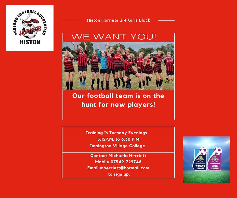 Calling all young footballers! ⚽️🐝
Histon Hornets U14 Girls Black are looking for new players to join our welcoming squad.

We compete in the A Division, and we’re excited to offer:
✅ Fantastic match pitches
✅ Brand-new training facilities just around the corner