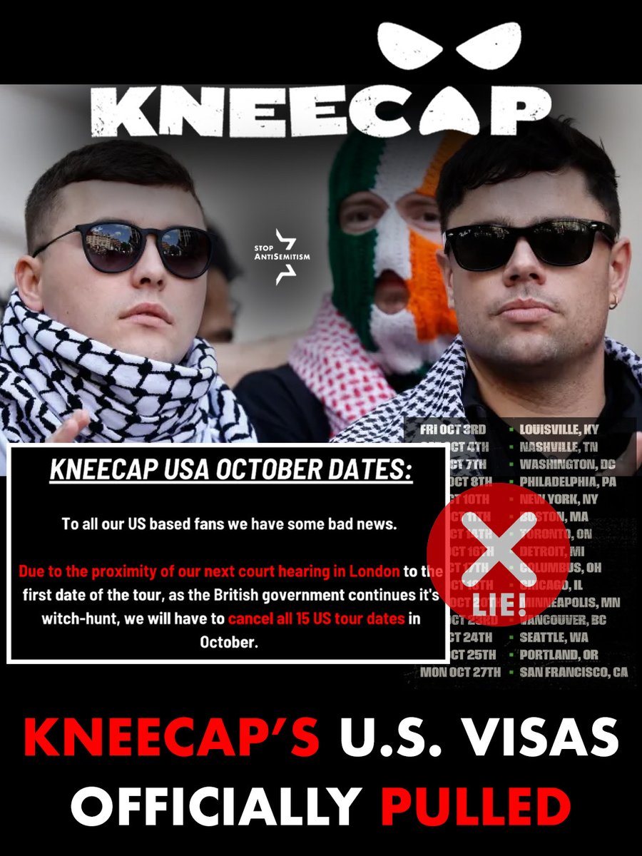 StopAntisemitism has confirmed that issues with U.S. entry are behind KneeCap’s cancelled American tour, despite their public claims of a different reason.