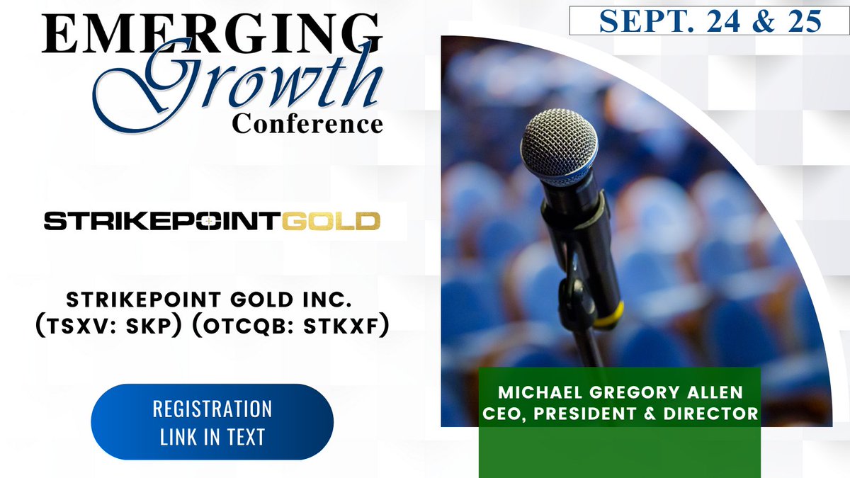 $STKXF $SKP Live Emerging Growth Conference in 30 minutes
<a href="/StrikepointGold/">Strikepoint Gold Inc</a> 

Live Stream:
goto.webcasts.com/starthere.jsp?…

Questions for the Company? Questions@EmergingGrowth.com

Presenting Today:
$SBC
$AUTR
$FRSPF $PHOS
$TIVC
$QQCMF $QQQ
$IMRFF $IMR
$STKXF $SKP
$VANI
$LCTC
$JAGX
$OMEX