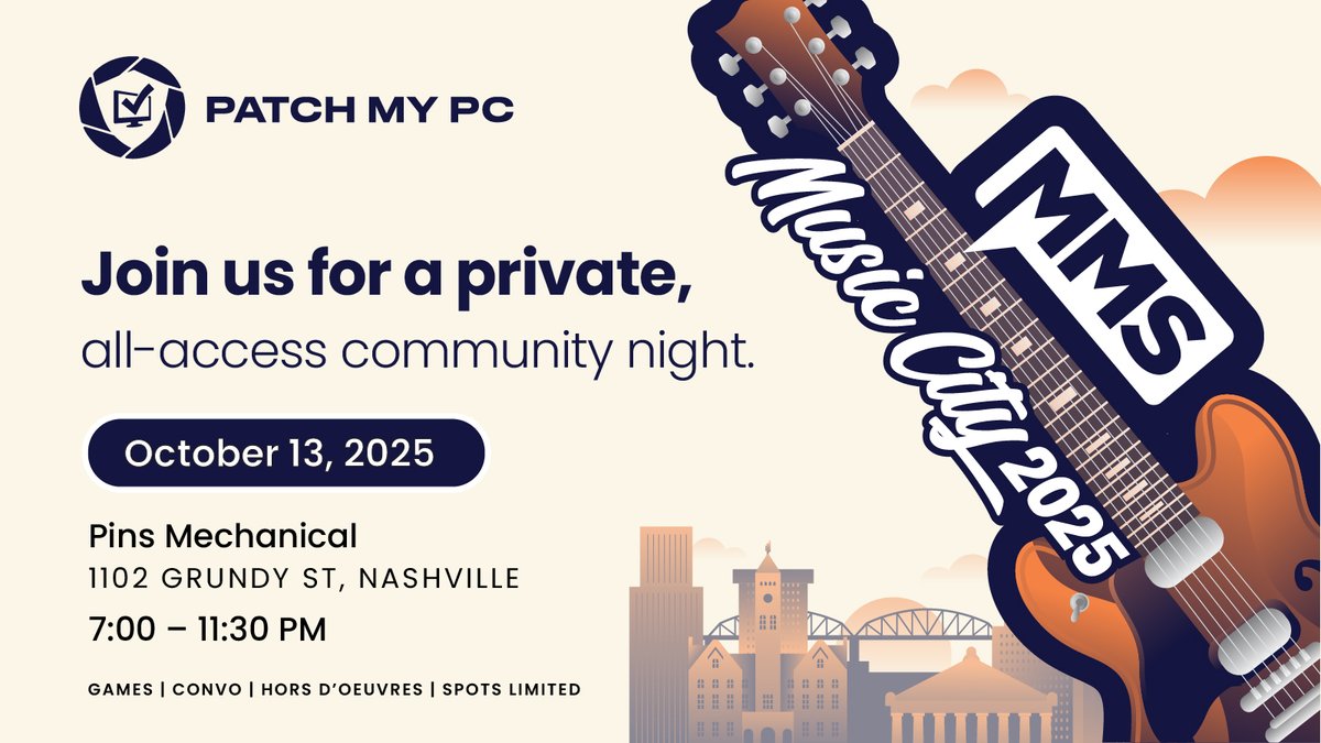 PatchMyPC's tweet image. Kick off @mmsmoa #MMSMusicCity with us!

We’re taking over Pins Mechanical for bowling, arcade games, food, and a night to remember with the #ITCommunity.

Spots are limited, so register today! ➡️ bit.ly/4nb9XJr

#MMSMOA #ConfigMgr #Intune #PatchMyPC