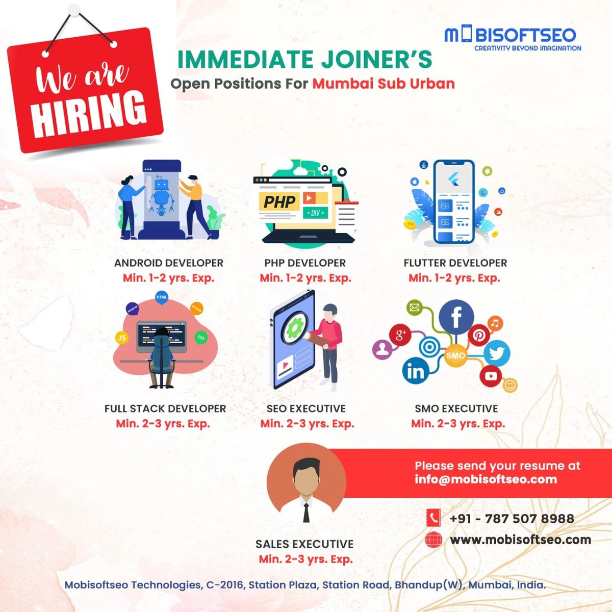 mobisoftseo's tweet image. 📷 We’re Hiring! 📷
Send your updated CV to yogesh@mobisoftseo.com
with the subject line “Application – [Position Name]”.

#Mobisoftseo #HiringNow #FlutterDeveloper #PHPDeveloper #WebDesigner #FullStackDeveloper #UIUXDesigner #SEOExecutive #HR #Accountant #ITJobs #JobsInBhandup
