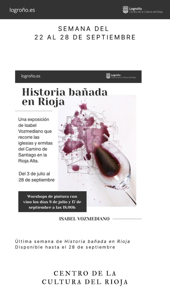 🖌️🍷¿Aún no has visitado la exposición Historia bañada en Rioja?
Últimos días de esta muestra de 15 obras junto al vino con el que fueron pintadas.
Una exposición única en el pincel de la artista riojana Isabel Vozmediano.
📅 Hasta el 28 de septiembre