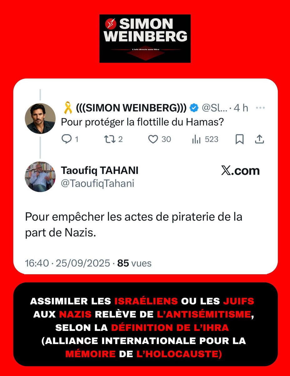 🔴🇫🇷 | TAOUFIQ TAHANI &gt; Quand l’ex-président de l’AFPS compare Israël… aux nazis. 

Interrogé sur la flottille du Hamas, l’activiste islamo-gauchiste <a href="/TaoufiqTahani/">Taoufiq TAHANI</a> répond sans détour : ➡️ « Pour empêcher les actes de piraterie de la part de nazis. »

Ce n’est pas un dérapage.