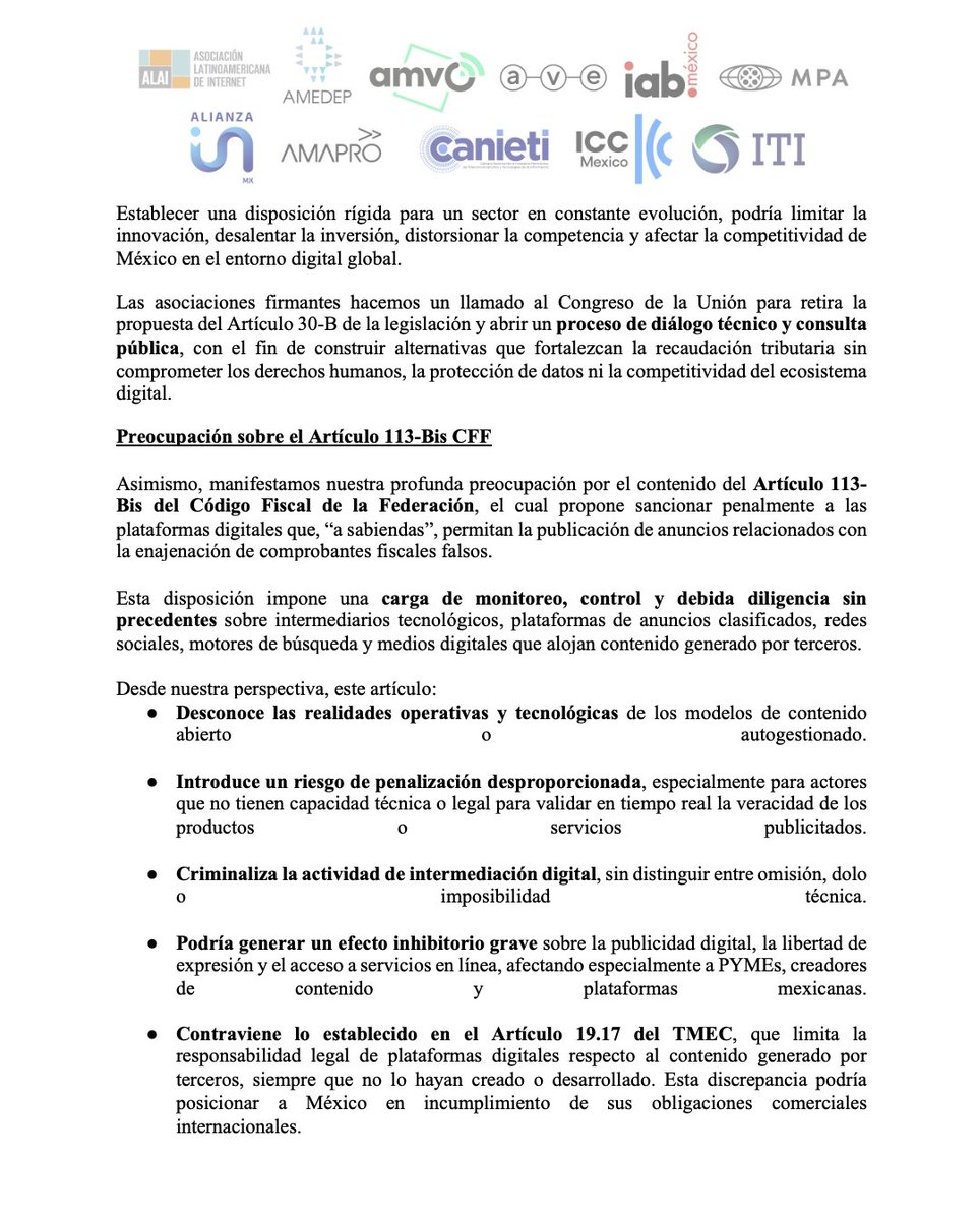 somos_ave's tweet photo. La industria se une en un posicionamiento conjunto sobre los artículos 30-B y 113-B del Código Fiscal de la Federación. Desde AVE, reafirmamos nuestro compromiso con la transparencia fiscal, pero siempre con respeto a la privacidad, seguridad digital y derechos humanos. #SomosAVE https://t.co/pXXd9eZITl