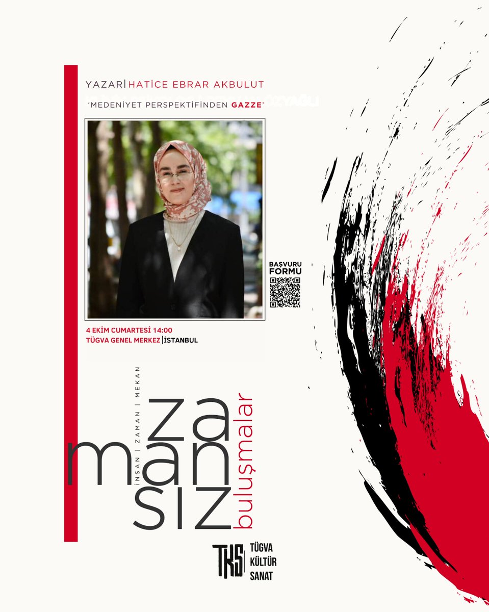 Gazze, işgal edilen toprakların sesi ve siyonizmin tüm insanlığa karşı olduğunu gösteren bir direniş sembolüdür. 
Zamansız Buluşmalar programımızda, Gazze’yi medeniyet perspektifinden okuyarak yeni dünyaya ne söylediğini konuşacağız.

🗓️ 4 Ekim Cumartesi
⌛ 14:00
📍 TÜGVA Genel