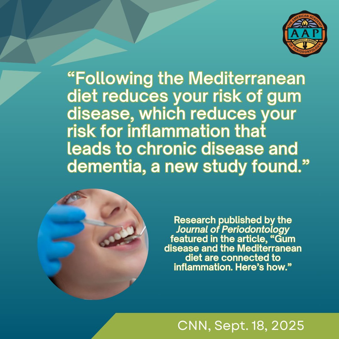 The Mediterranean diet is linked to reduced gum inflammation, a stepping stone toward better overall health. 🌿🦷

Read more in this CNN article featuring the Journal of Periodontology findings:

cnn.com/2025/09/15/hea…