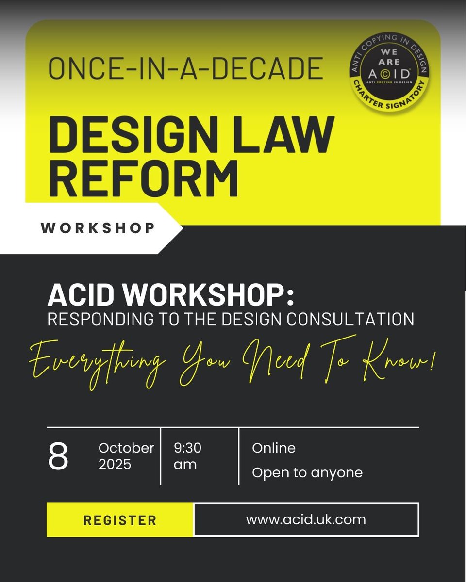 📢 Designers: UK’s Design Consultation is here! Join ACID’s online workshop on 8 Oct, 9:30am to learn how to respond &amp; share your case studies. Let’s fight for stronger design law! ✍️

Don’t miss out. Register now to secure your place 👉 acid.uk.com/event/acid-wor…