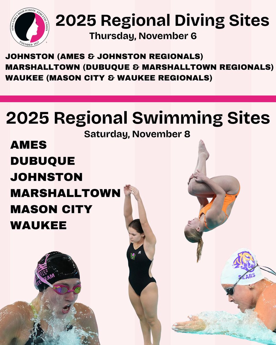 IGHSAU's tweet photo. 𝐓𝐡𝐞 𝐫𝐨𝐚𝐝 𝐭𝐨 𝐬𝐭𝐚𝐭𝐞 𝐬𝐭𝐚𝐫𝐭𝐬 𝐡𝐞𝐫𝐞! 🏆🏊‍♀️

The 2025 Regional Swimming &amp; Diving host sites are set. 

#IGHSAU #IowaGirl #StateSwimming #StateDiving https://t.co/8sMDJgGJWg