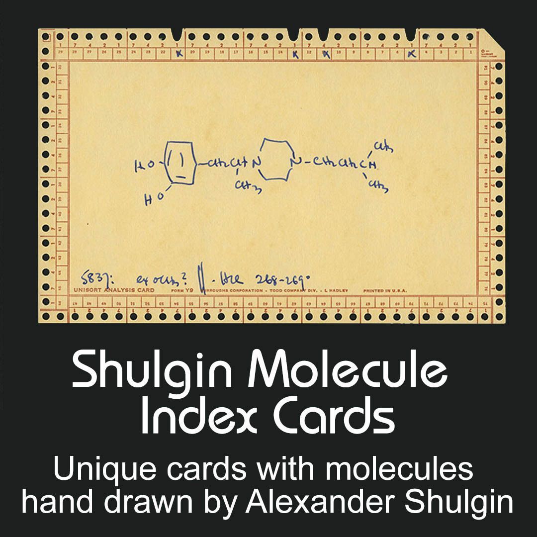 Shulgin Molecule Index Cards are from Dr Shulgin's analog index of chemicals related to his work. Each unique card contains a molecule hand-drawn by Dr Shulgin, with a reference or two at the bottom.

Available as thank-you for $1,000+ donation to Erowid.

Erowid.org/donations/gift…