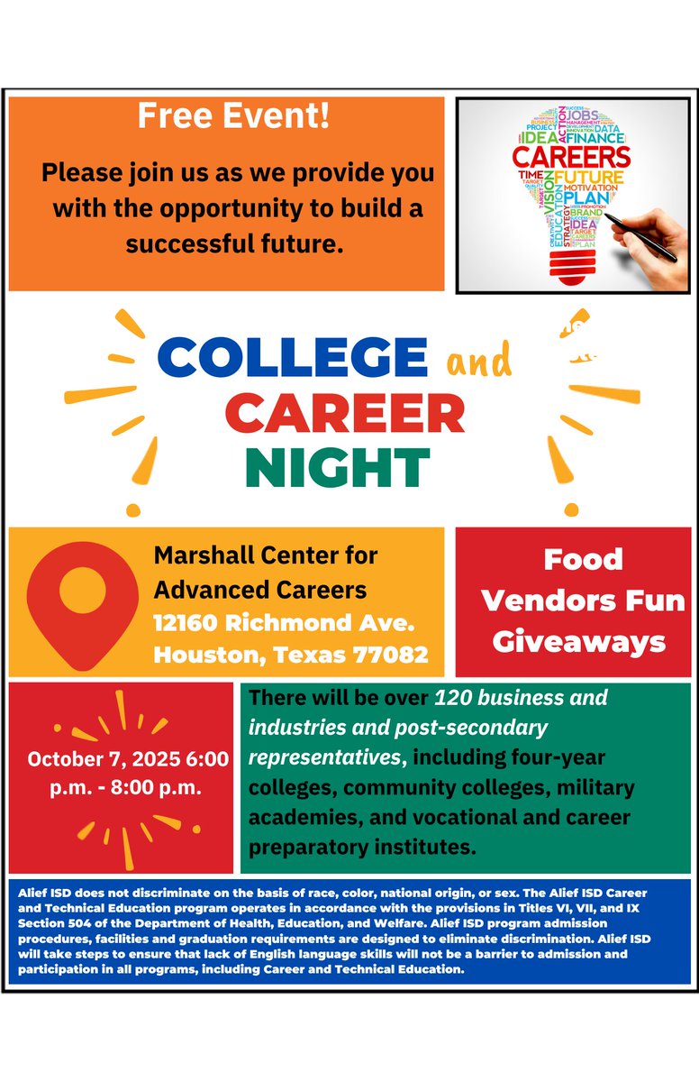 ElsikNGCRams's tweet image. College &amp;amp; Career Night on Tuesday, October 7, 2025, at the @Alief_Career Marshall Center from 6–8 PM. Explore opportunities with 120+ businesses, industries, and post-secondary representatives ready to help you plan your future! #onegoal #oneteam #samevision #CCMR @AliefISD