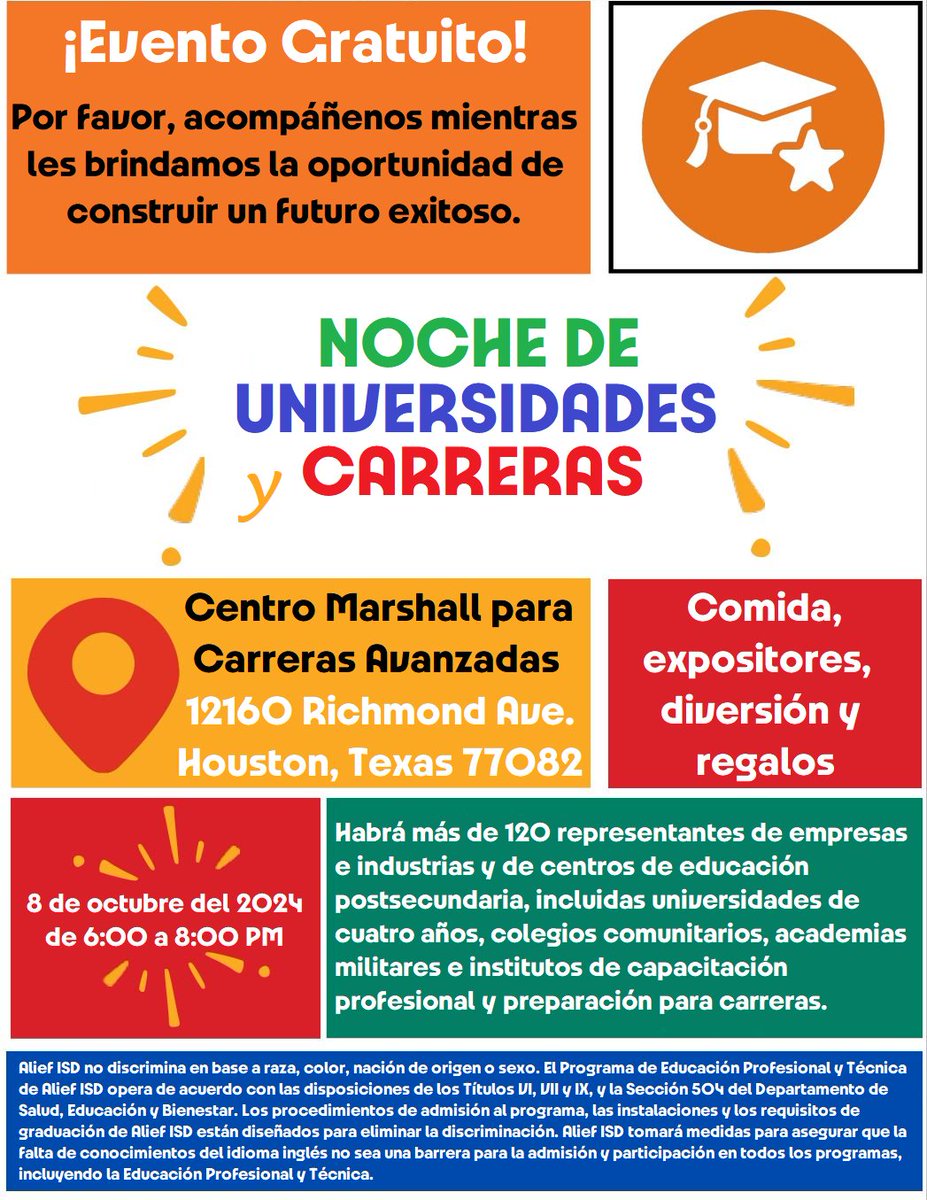 ElsikNGCRams's tweet image. College &amp;amp; Career Night on Tuesday, October 7, 2025, at the @Alief_Career Marshall Center from 6–8 PM. Explore opportunities with 120+ businesses, industries, and post-secondary representatives ready to help you plan your future! #onegoal #oneteam #samevision #CCMR @AliefISD