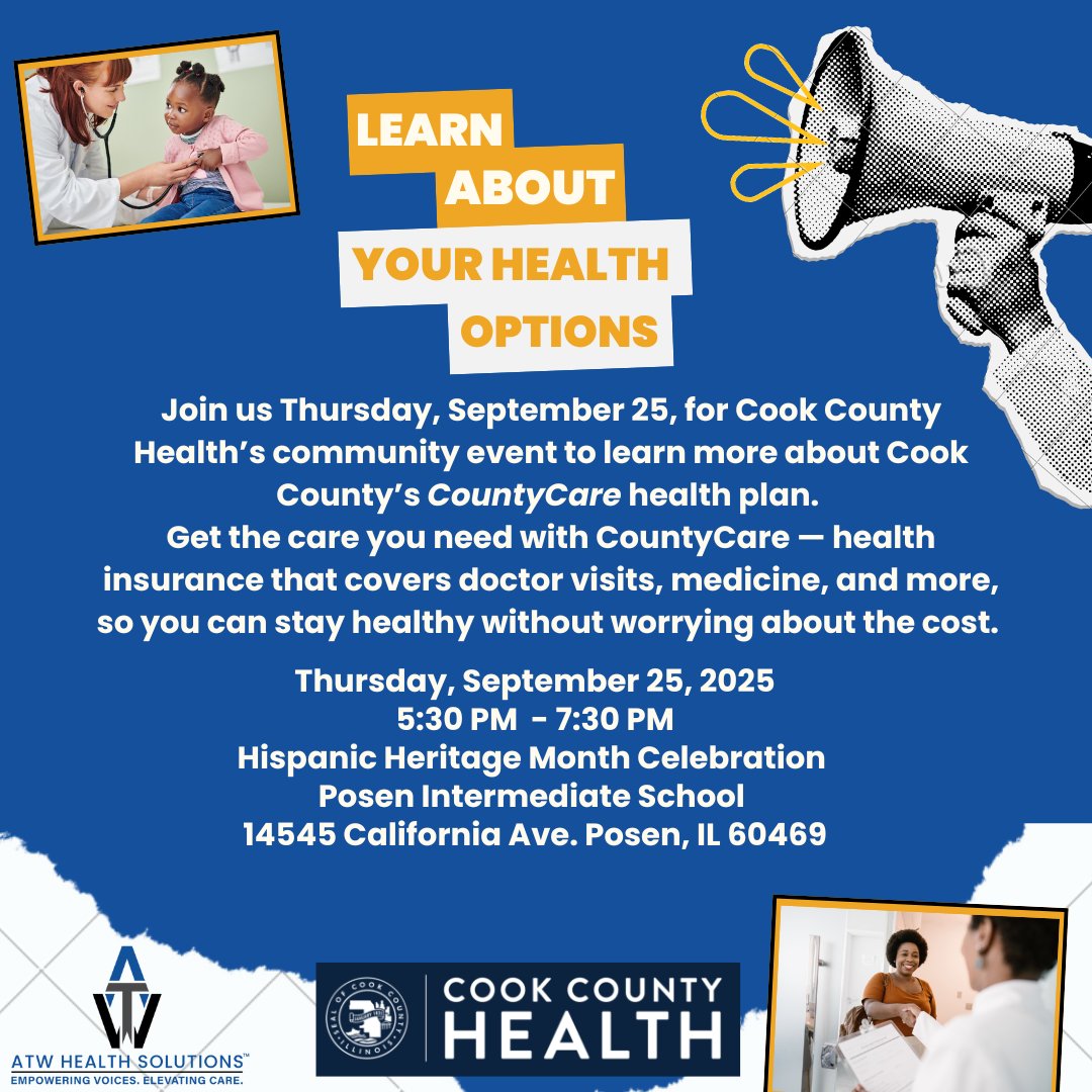 📢 Learn about your health options! Join us Sept 25, 5:30–7:30 PM at Posen Intermediate School for a free community event with #CountyCare during #HispanicHeritageMonth. Get coverage for doctor visits, medicine &amp; more. 💙

#CookCountyHealth #StayHealthy