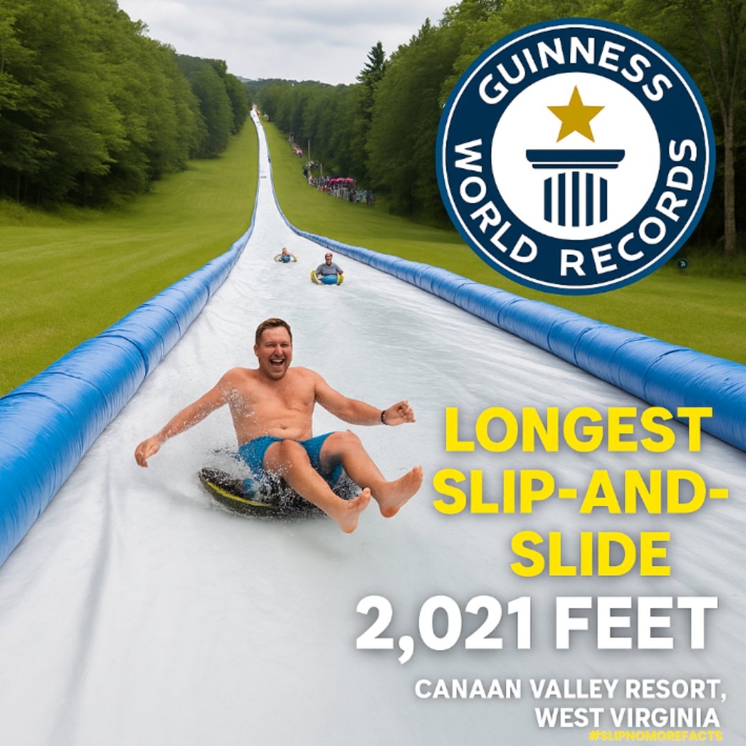 🌍 Guinness World Record: Longest slip-and-slide = 2,021 feet in West Virginia! 🤯
Fun when planned. Dangerous when not.
#SlipNoMoreFacts #WorldRecord
