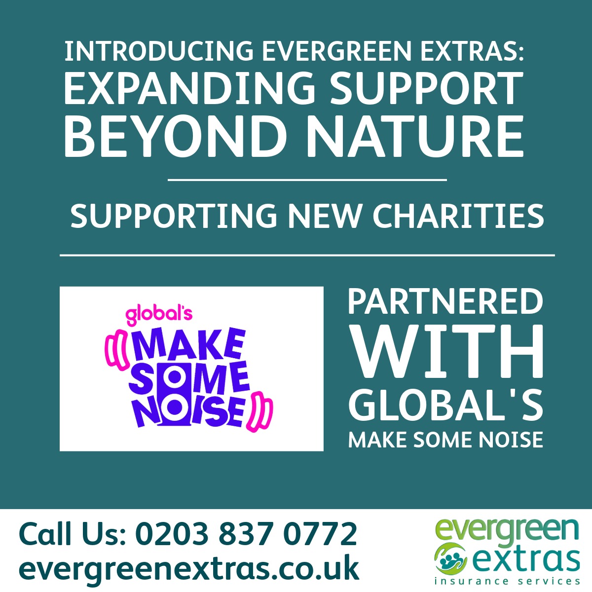 Support <a href="/makenoise/">Global's Make Some Noise</a> by taking out a policy through Evergreen Extras! 💚 We’ll donate up to 25% of our commission to help fund their amazing work supporting young people through music.  🎶

#EvergreenExtras #MakeSomeNoise #SupportThroughInsurance #GiveBack