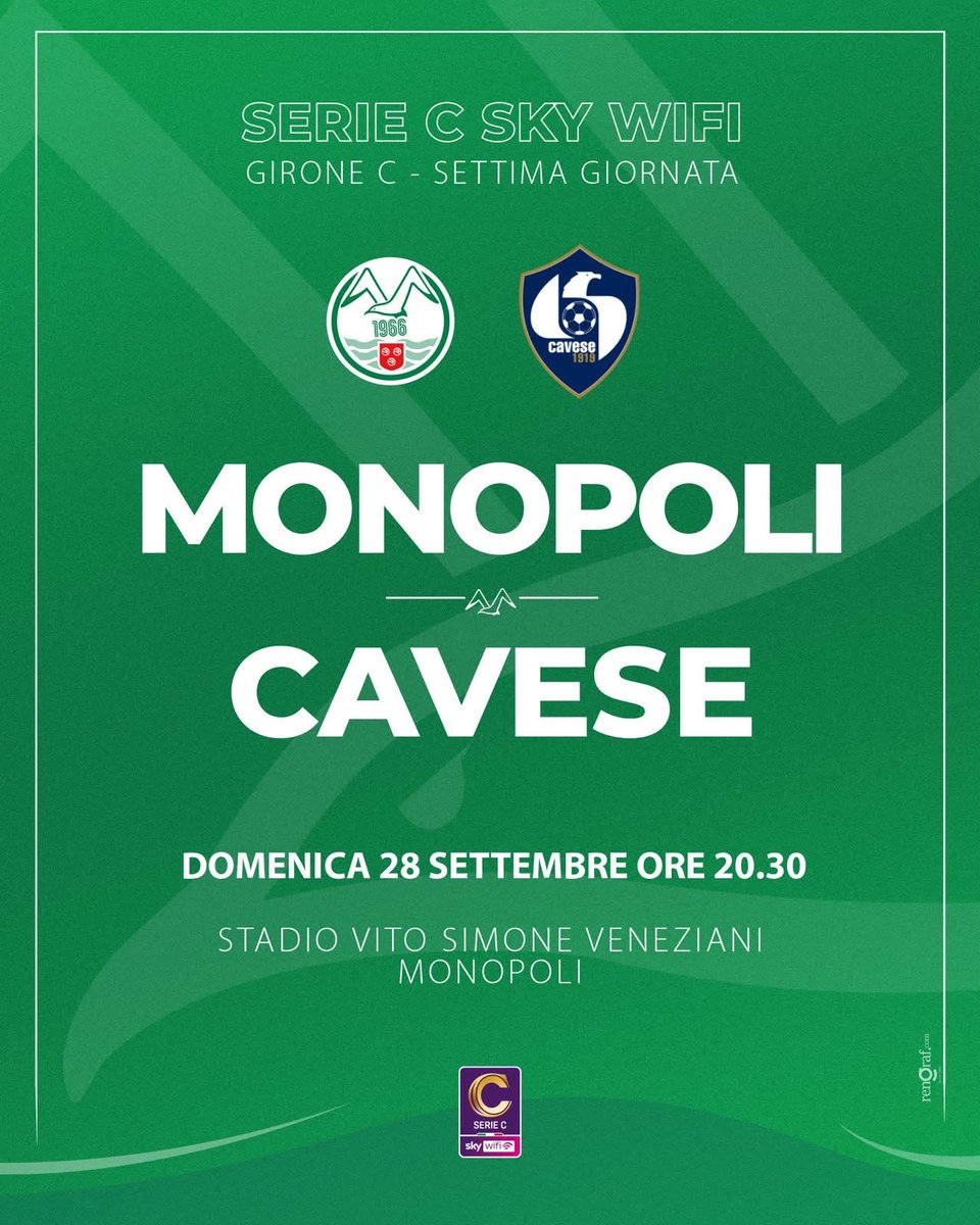MonopoliCalcio's tweet photo. NEXT MATCH!
β± Domenica 28 settembre 2025, ore 20,30
β½ Monopoli - Cavese
ποΈ Vito Simone Veneziani, Monopoli
Giornata 7, Serie C Sky Wifi
#monopoli #moncav #seriecskywifi https://t.co/uvbCXmnO5X